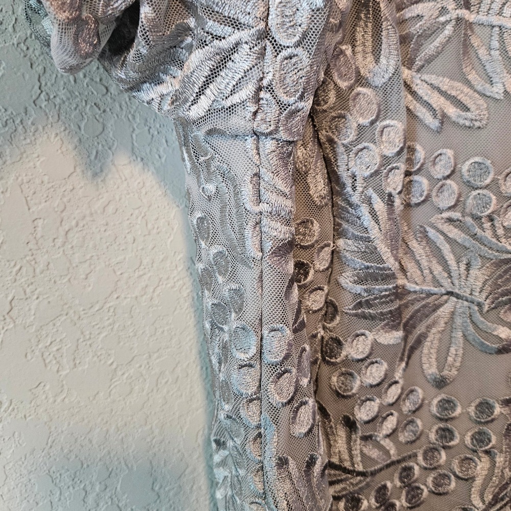Alex Evenings Silver Gray Embroidered Lace Cowl Back Formal Dress 14 - Picture 5 of 10